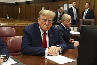 Republican presidential candidate and former President Donald Trump appears in State Supreme Court in New York on Monday morning, April 15, 2024, for the first day of his trial on charges of falsifying business records. (Jefferson Siegel/Pool Photo via AP)